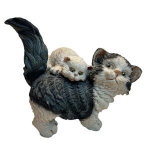 Two Cats Playing Figurine Resin 5 Inch Length Vintage Kittens Grey And White
